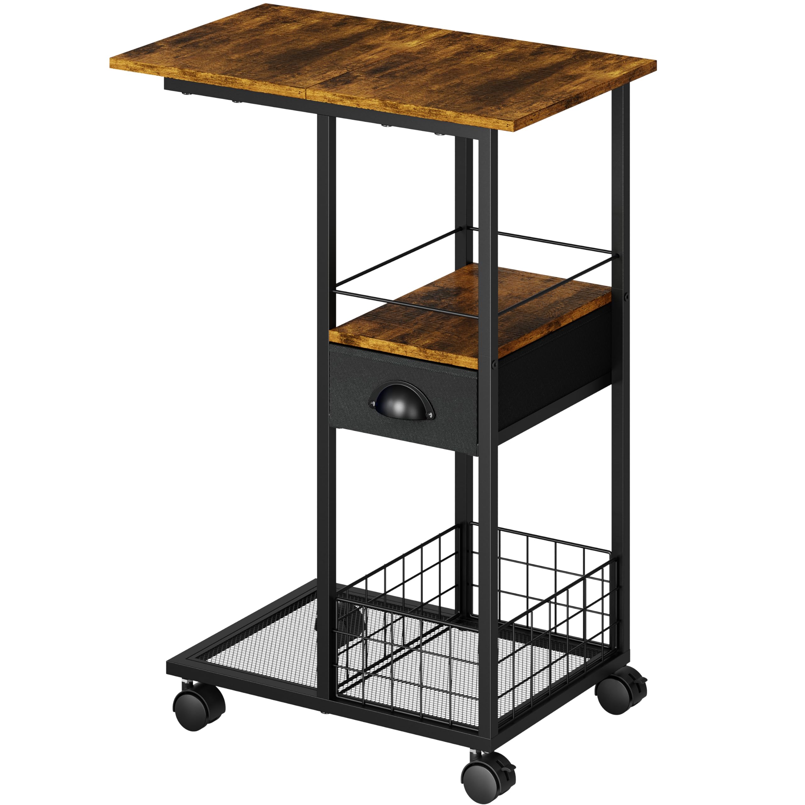 Rolling C Shaped Side Table with Storage Drawer, Ivory Portable Desk on Wheels, Bedside Table for Sofa Couch & Bed, Small Overbed Laptop Desk, Mobile Coffee End Table for Bedroom Living Room Dorm