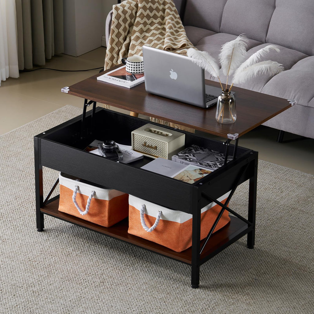 VINGLI 36" Lift Top Coffee Table with Free Cloth Storage Bins, White Walnut Framhouse Coffee Tables for Living Room, Small Modern Coffee Table for Small Space in Minimalistic Style, Dark Walnut