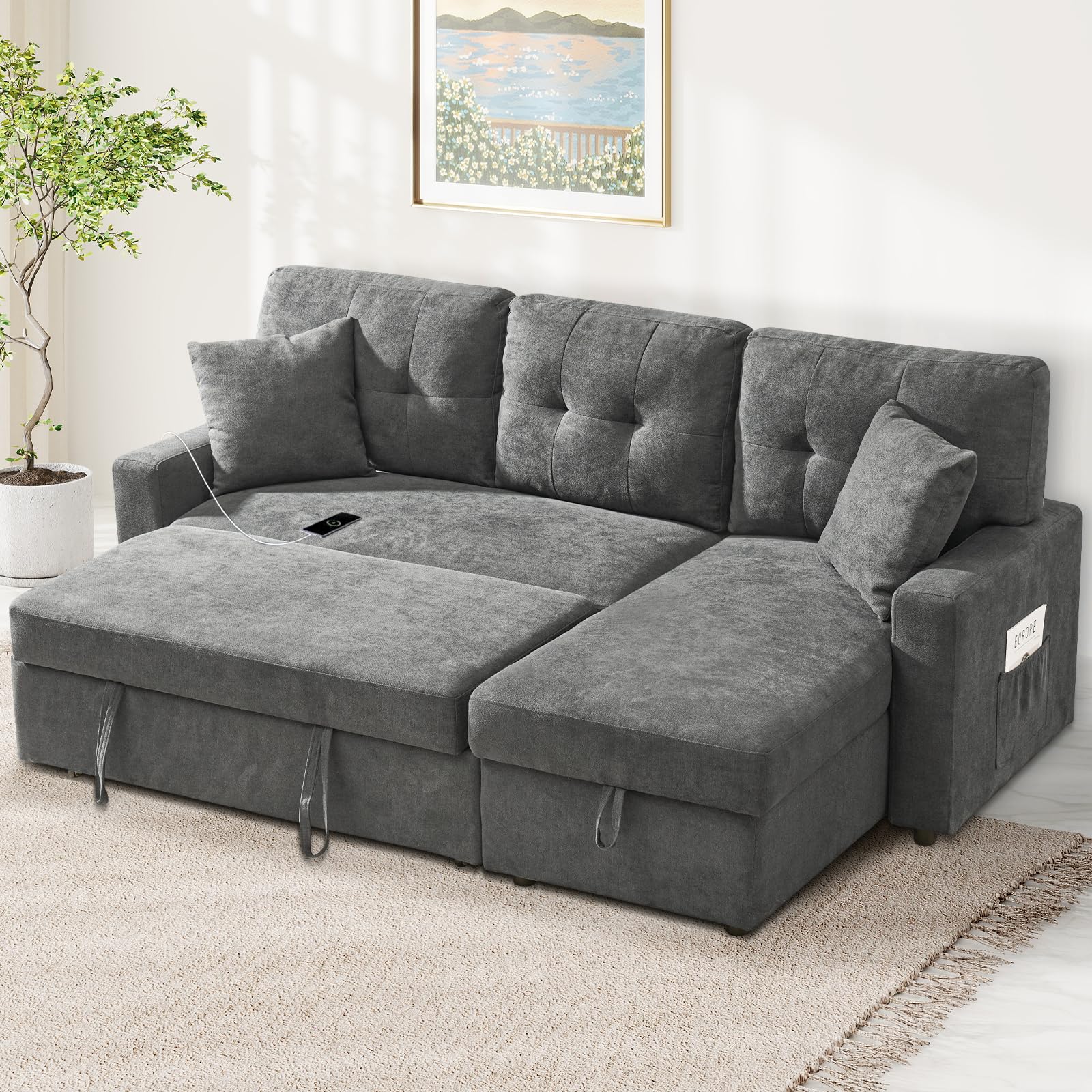 L Shape Sofa with Storage, Pull Out Couch Bed with USB&Type-C Ports, Convertible Sleeper Sofa, Futon Chaise Lounge Recliner for Living Room, Apartment, Bedroom, Office, Ink Blue