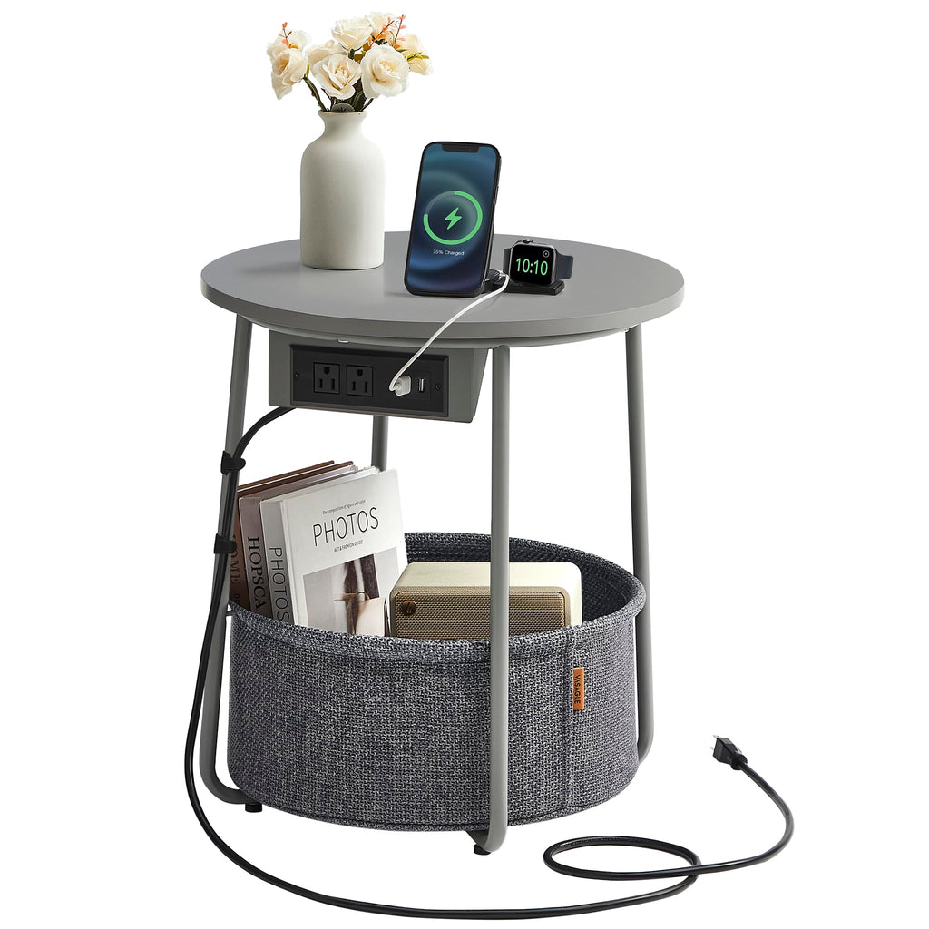 VASAGLE Side Table with Charging Station, Round End Table with Fabric Basket, Nightstand with Power Outlets, USB Ports, for Living Room, Bedroom, Modern, Matte White and Camel Brown ULET228W01