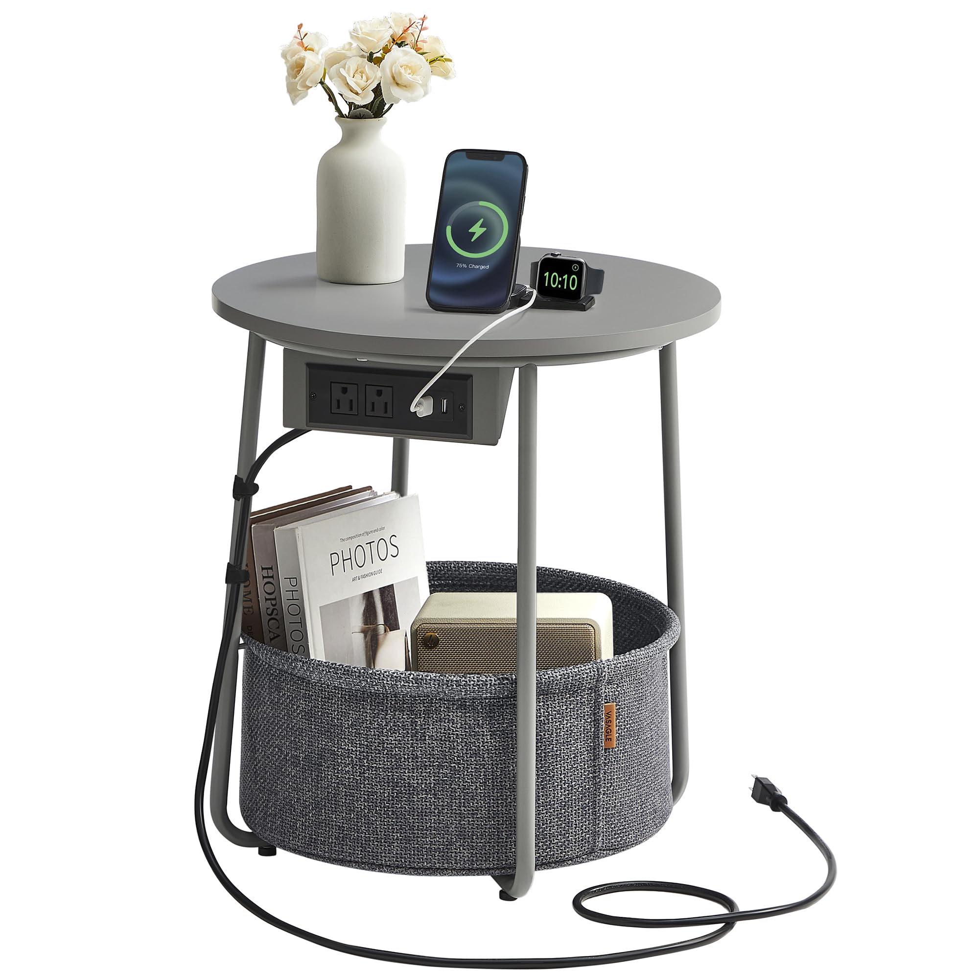 VASAGLE Side Table with Charging Station, Round End Table with Fabric Basket, Nightstand with Power Outlets, USB Ports, for Living Room, Bedroom, Modern, Matte White and Camel Brown ULET228W01