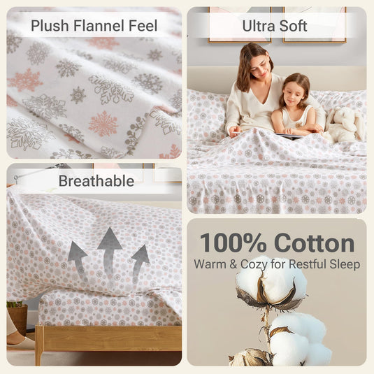 Sleep Philosophy True North Cozy Flannel Warm 100% Cotton Sheet - Novelty Print Animals Stars Cute Ultra Soft Cold Weather Bedding Set, Twin, Pink/Grey Snowflakes 3 Piece