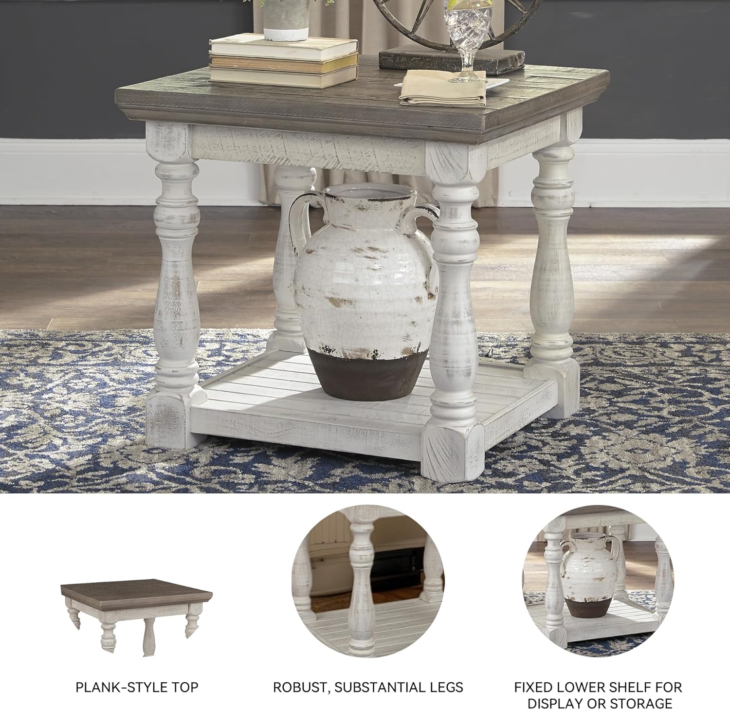 Signature Design by Ashley Havalance Farmhouse Square End Table with Floor Shelf, Vintage Gray & White with Weathered Finish