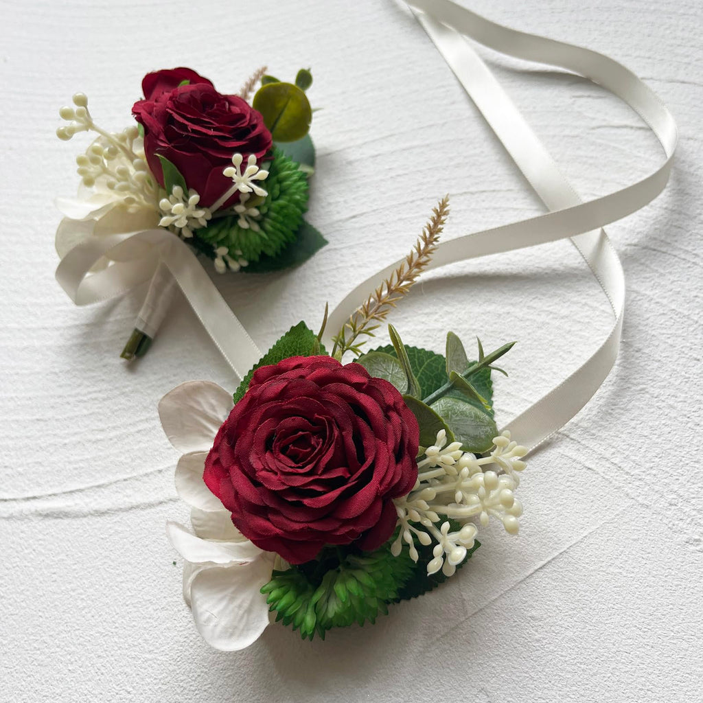 MAFELOE Artificial Wrist Corsage Boutonniere Set for Groom Bride Groomsmen Bridesmaids, Corsage Wristband Men Boutonniere Wedding Party Prom Suit Decorations - Burgundy 2Pcs