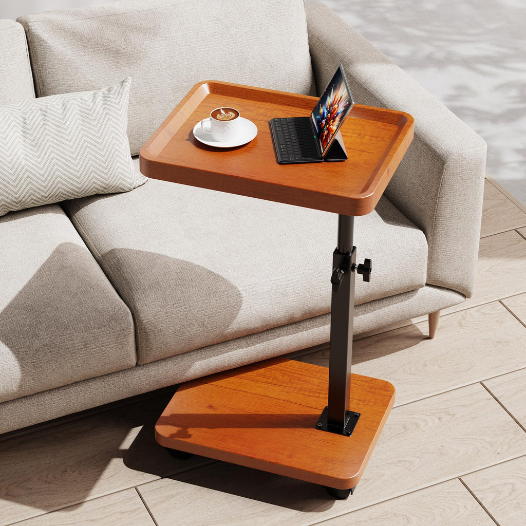 C Table End Table Adjustable Height, 360°Swivel TV Tray Table for Small Spaces, Side Tables with Wheels for Living Room and Bedroom, Bed (Walnut)