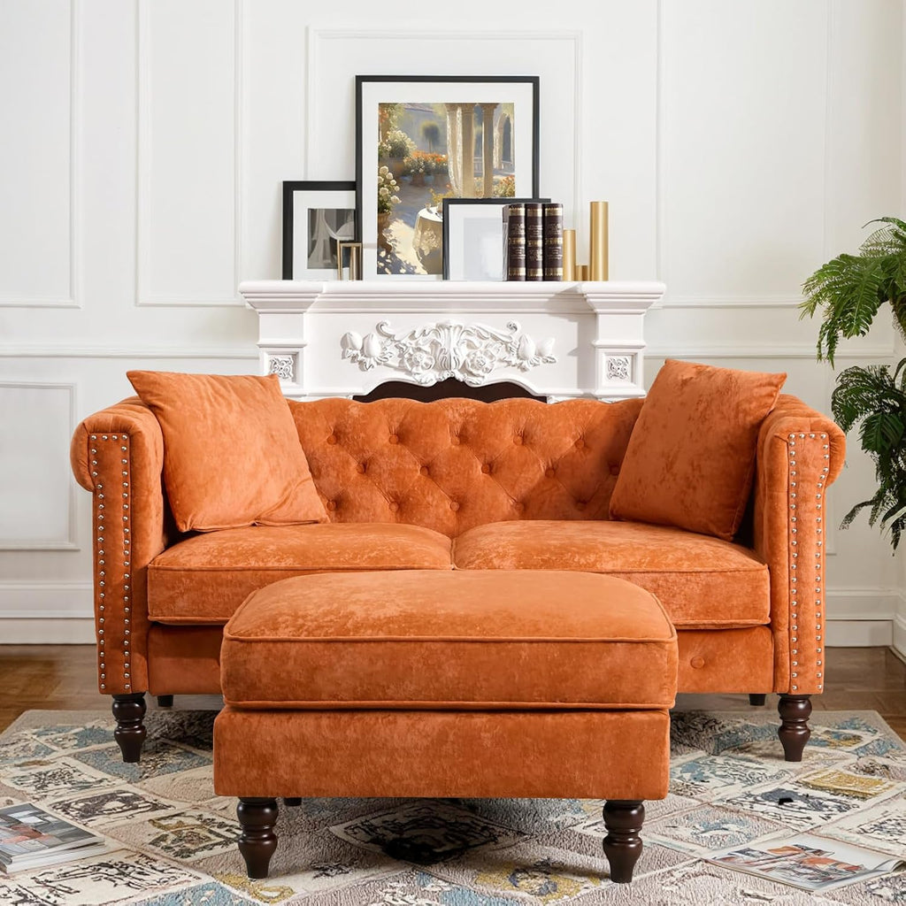 62" Chesterfield Tufted Velvet Sofa Couch with Gourd Wooden Legs, Classic Loveseat Sofa Couch with Nailhead Trim and Flared Arms, Comfy Loveseat Sectional with Chaise for Living Room, Orange