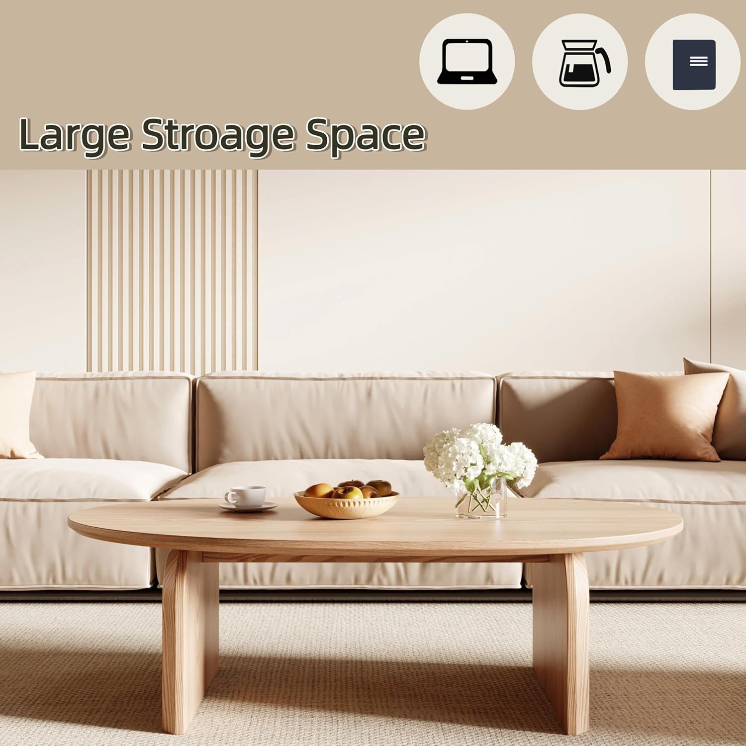 Honyee Modern Oval Coffee Table, Small Coffee Tables for Living Room - Oak Wood Top with Solid Legs, Wooden Center Table Easy Assembly for Living Room &Bedroom,Office, Natural