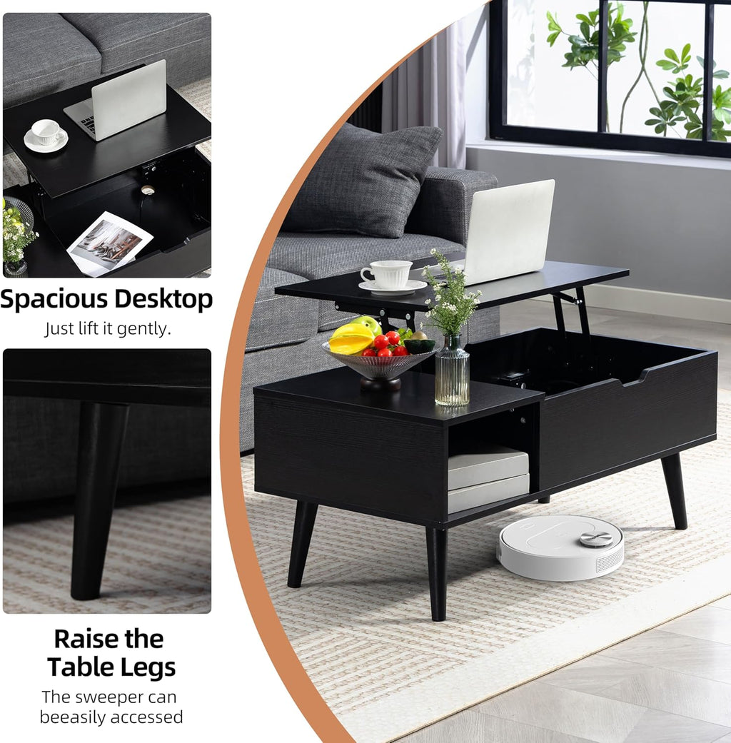 Finnhomy Lift Top Coffee Table with USB Type-C Charging Station, LED Lights and Power Outlet, 3-in-1 Multifunctional Table with Hidden Compartment and Large Storage, for Living Room Home Office, Black
