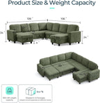 LINSY HOME Sectional Sleeper Sofa with Pull Out Couch Bed - Convertible Plush Corduroy Cloud Couch with Storage Chaise & USB Charging, Comfy Modular Couches for Living Room, Green