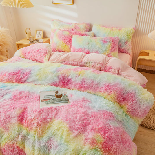 Fluffy Pink Faux Fur Comforter Cover Set，Fluffy Fuzzy Plush Pink Bedding 3Pcs (1 Faux Fur Duvet Cover +2 Fuzzy Pillowcases) Pink Fluffy Bed Set (Pink, Queen)