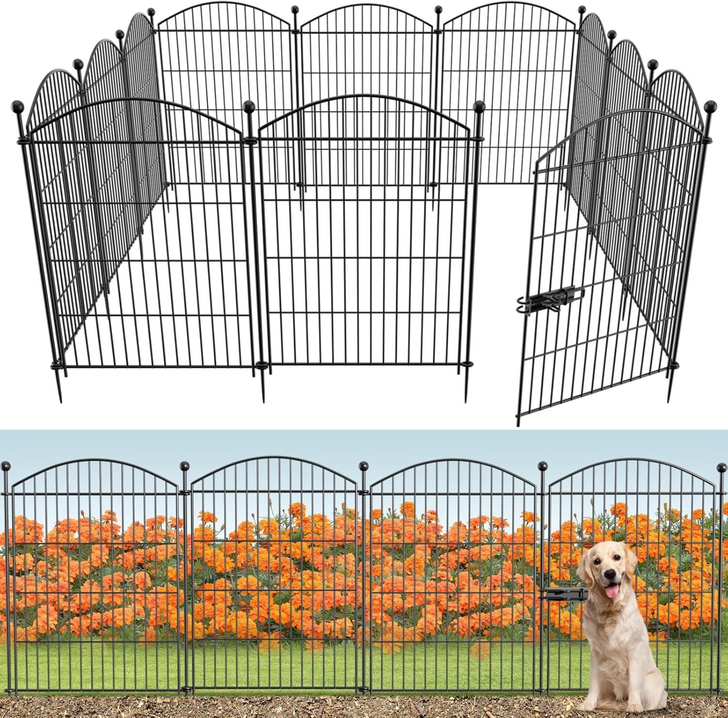 Decorative Garden Fence Animal Barrier with Gate 40 in(H)×27.6 Ft(L) 12 Panels, Dog Rabbit Fencing Arched Rustproof Metal No Dig Pet Outdoor Garden Fence for Yard, Patio, Flower Bed