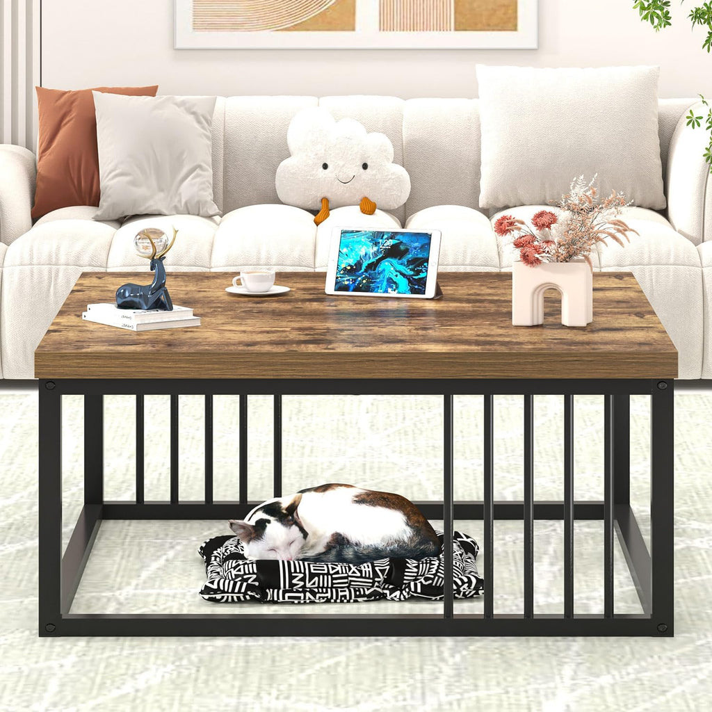 FOLUBAN Modern Coffee Table, Square Center Table for Living Room, Industrial Rustic Wood and Metal Cocktail Tea Table, 31.5 Inch, Brown