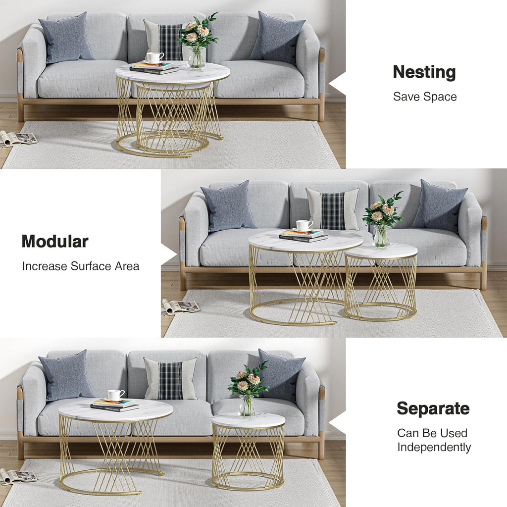 Giluta Round Coffee Table Set of 2, Modern Coffee Tables for Living Room, Faux Marble Center Table, Nesting Coffee Table Simple Nightstand