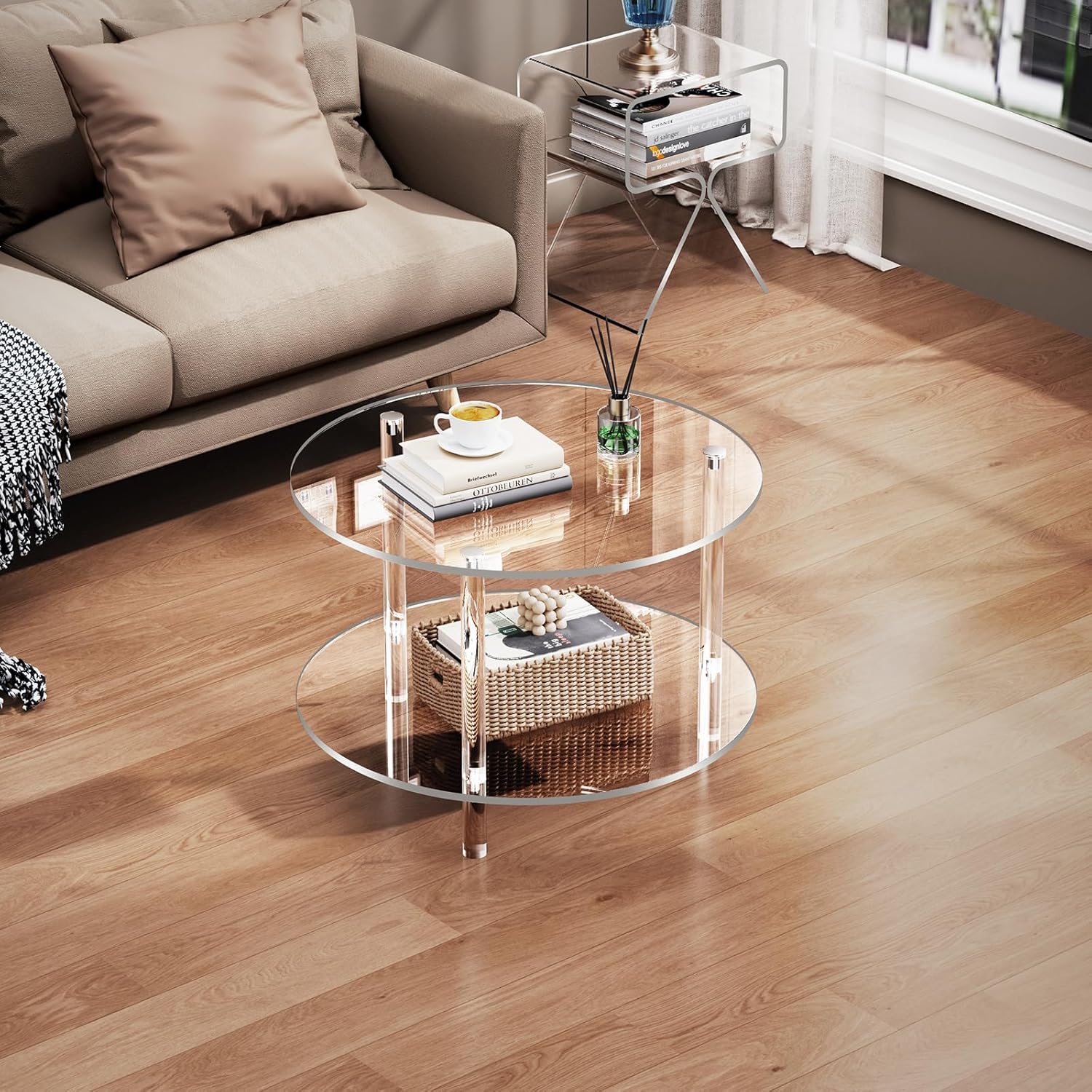 Acrylic Coffee Table, Small Round Modern Coffee Table for Living Room,23.6" D x 23.6" W x 16.5" H