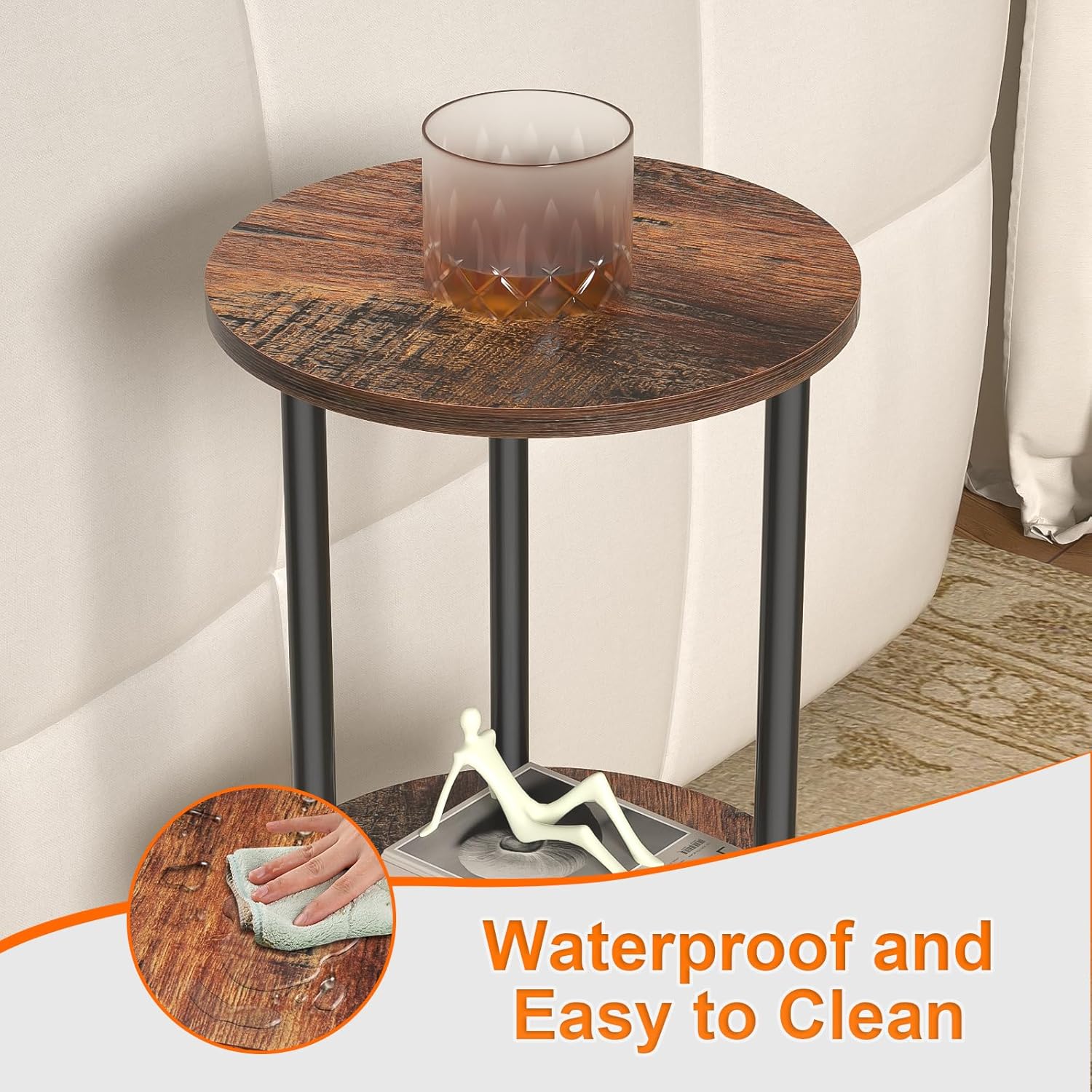11.8'D Round Drink Table - 3-Tier Small Side Table with Wood Legs, End Table for Small Space, Balcony & Office | Space-Saving, Multi-Functional (Plants, Books, Drinks), Brown