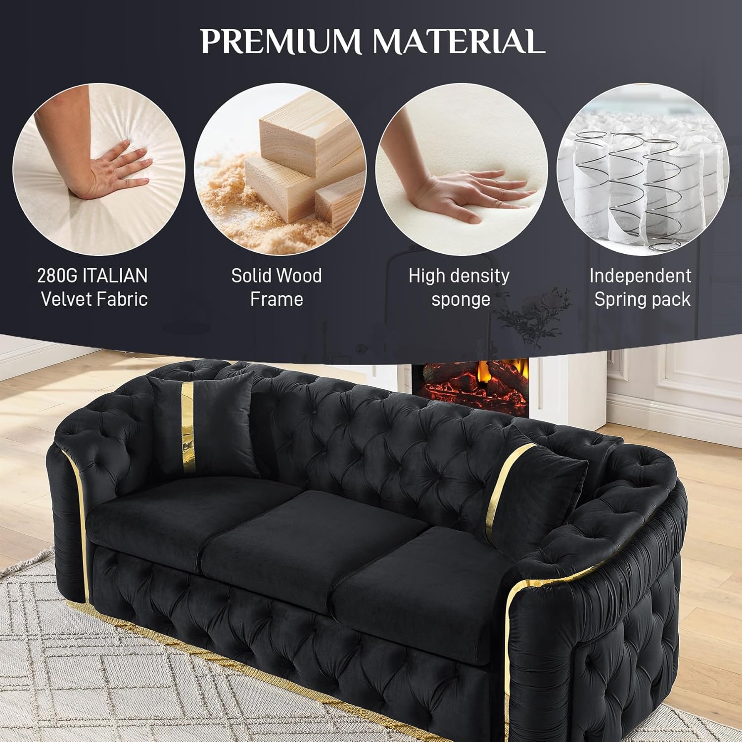 Mid Century Modern Chesterfield Sofa Couch, 90.6" Velvet Couch Black and Gold Sofa Luxury Loveseat for Living Room, Tufted Sofas with 2 Pillows & Classic Golden Decor, Jet Black