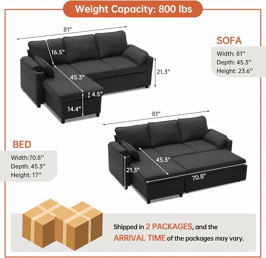 DURASPACE Sofa Bed, Sleeper Sofa Couch with Pullout Bed for Living Room, L Shaped Couch with Storage Chaise, USB, Cup Holder (Dark Gray)