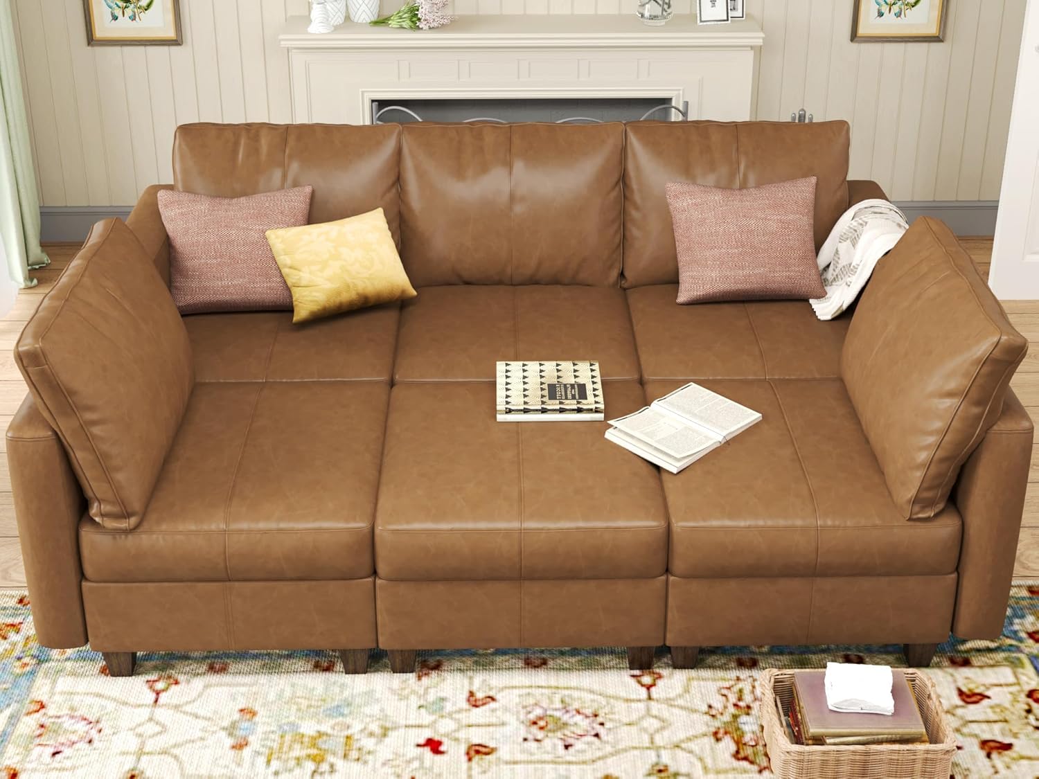 EASE MOOSE Faux Leather Sectional Modular Sleeper Sofa Sectional Sofa Bed with Storage, Faux Leather Modular Sofa Sectional Couch Brown