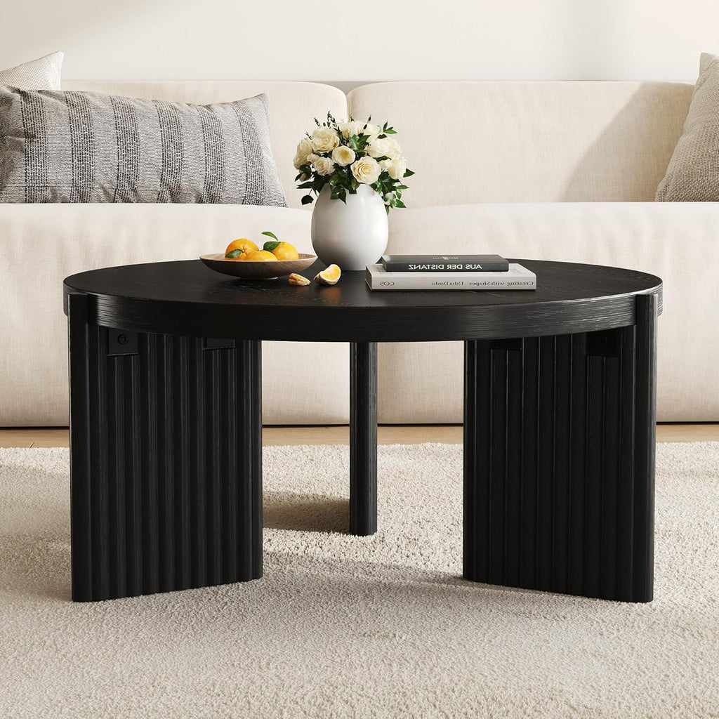 27.5" Black Round Coffee Table Modern Wooden Center Table for Small Space Living Room and Bedroom Scandinavian Minimalist Circle Fluted Tea Table with Quilted Feet Pads