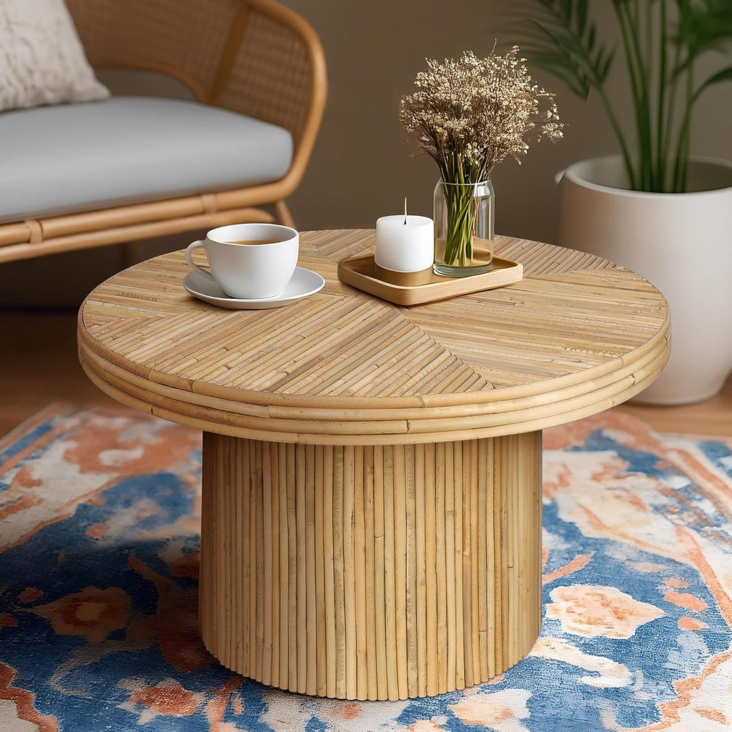 ZYBT 27.6 Inches Round Coffee Table, Tambour Design Coffee Tables, Farmhouse Fluted Design Center Accent Cocktail Tea Table for Home