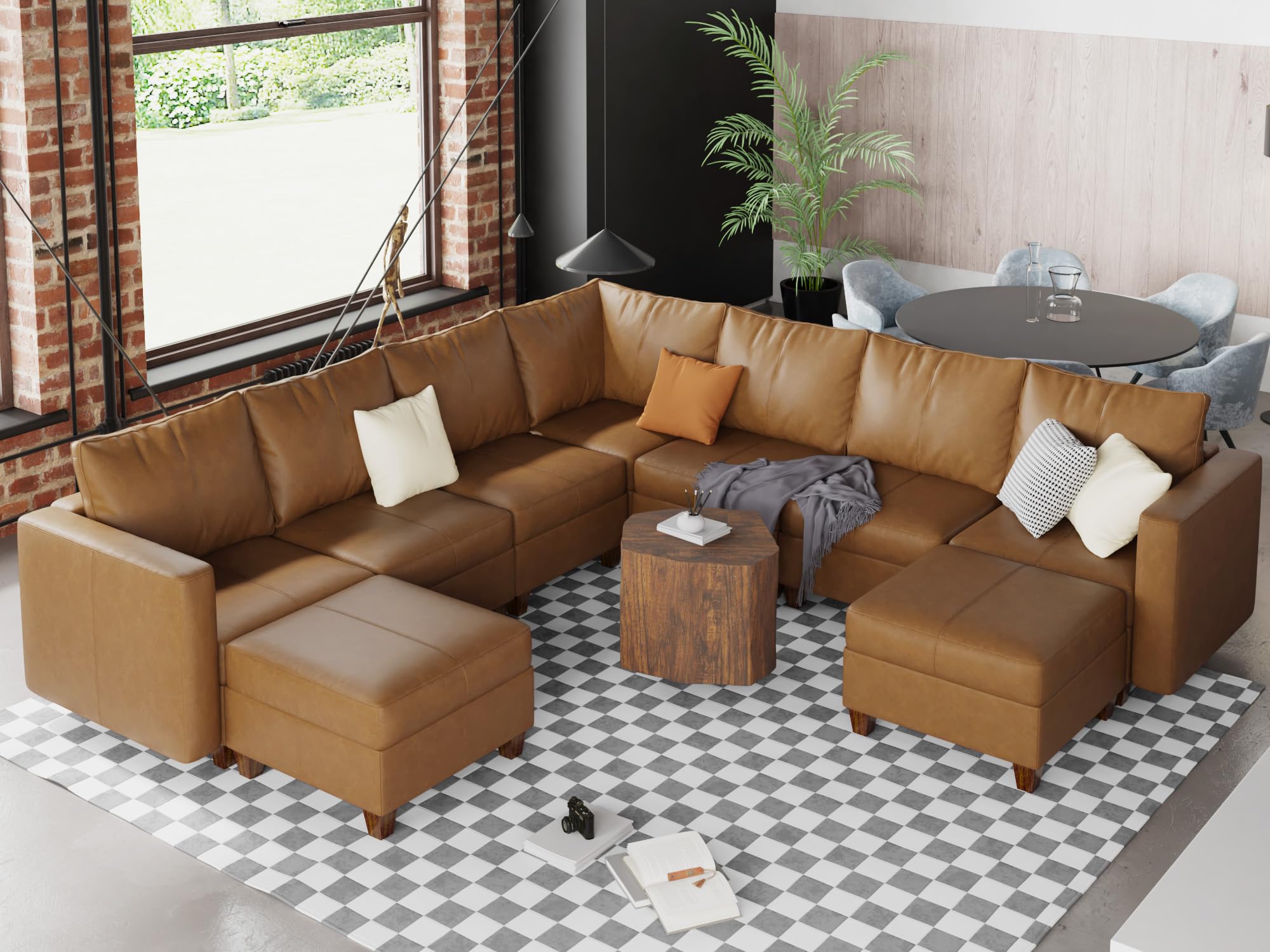 EASE MOOSE Brown Modular Sectional Couch with Storage, Faux Leather Sectional Modular Sofa or Living Room
