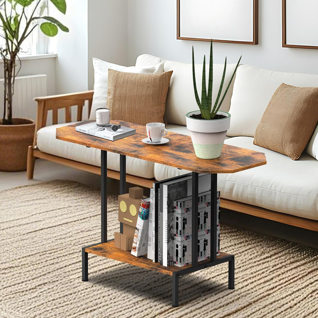 Coffee Table for Living Room, 2 Tier Small Center Table Industrial Coffee Table with Open Storage Shelf and Metal Frame for Farmhouse Bedroom Office, Rustic Brown