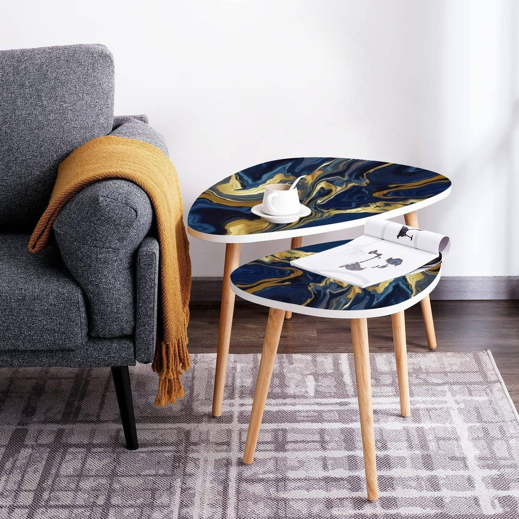 Small Coffee Nesting Table Luxury Blue Marble Gold Abstract Texture Indigo Ocean Blue marbling Modern Minimalist Side Table Triangle End Tea Table Center Table Set of 2Living Room Bedroom