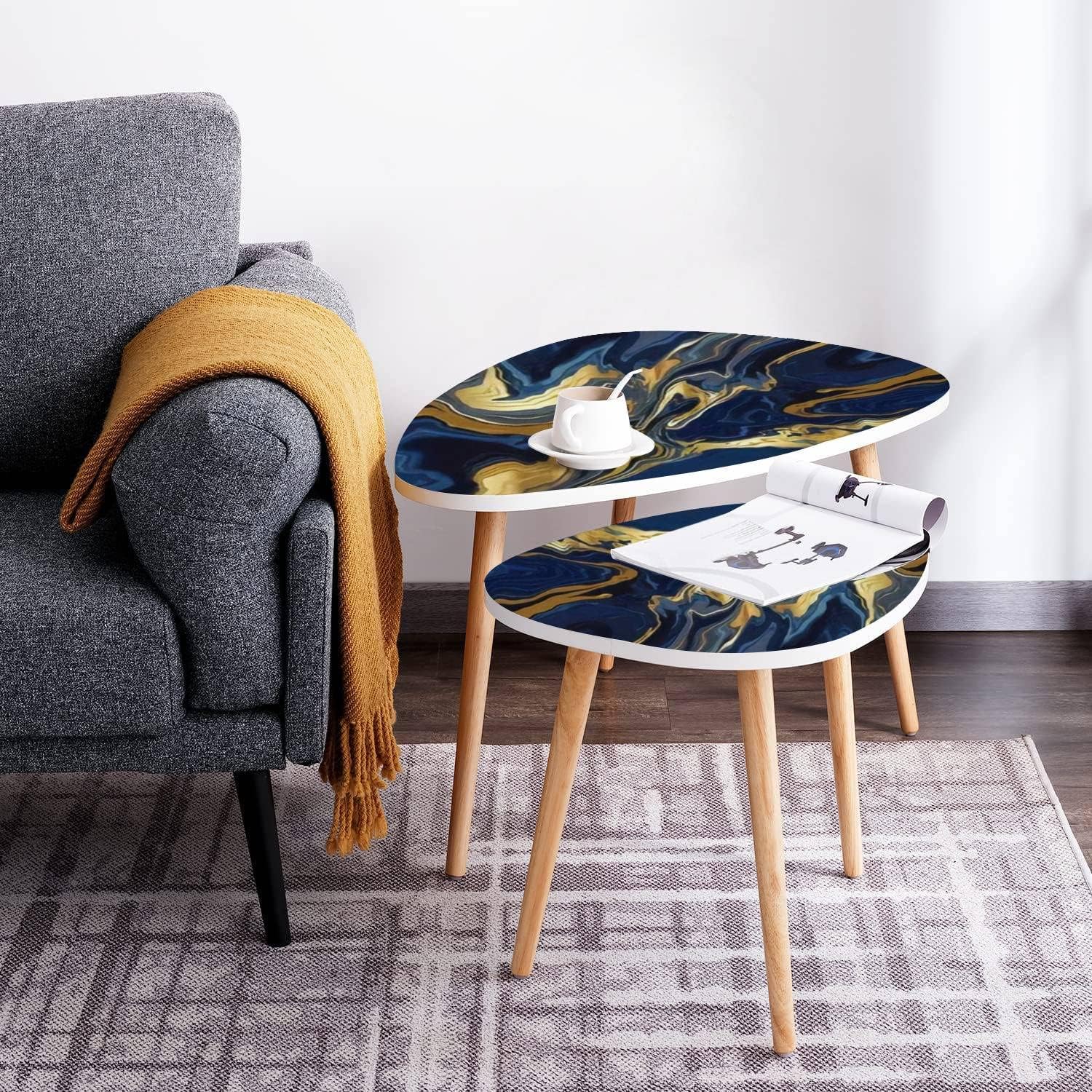 Small Coffee Nesting Table Luxury Blue Marble Gold Abstract Texture Indigo Ocean Blue marbling Modern Minimalist Side Table Triangle End Tea Table Center Table Set of 2Living Room Bedroom