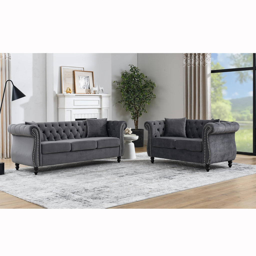 2 Piece Velvet Chesterfield Sofa,79" 3 Seater and 57" Loveseat Sofa Set,Button Tufted Nailhead Trimming Curved Backrest Rolled Arm (Grey, 79" 3 Seater and 57" Loveseat Velvet Sofa Sets)