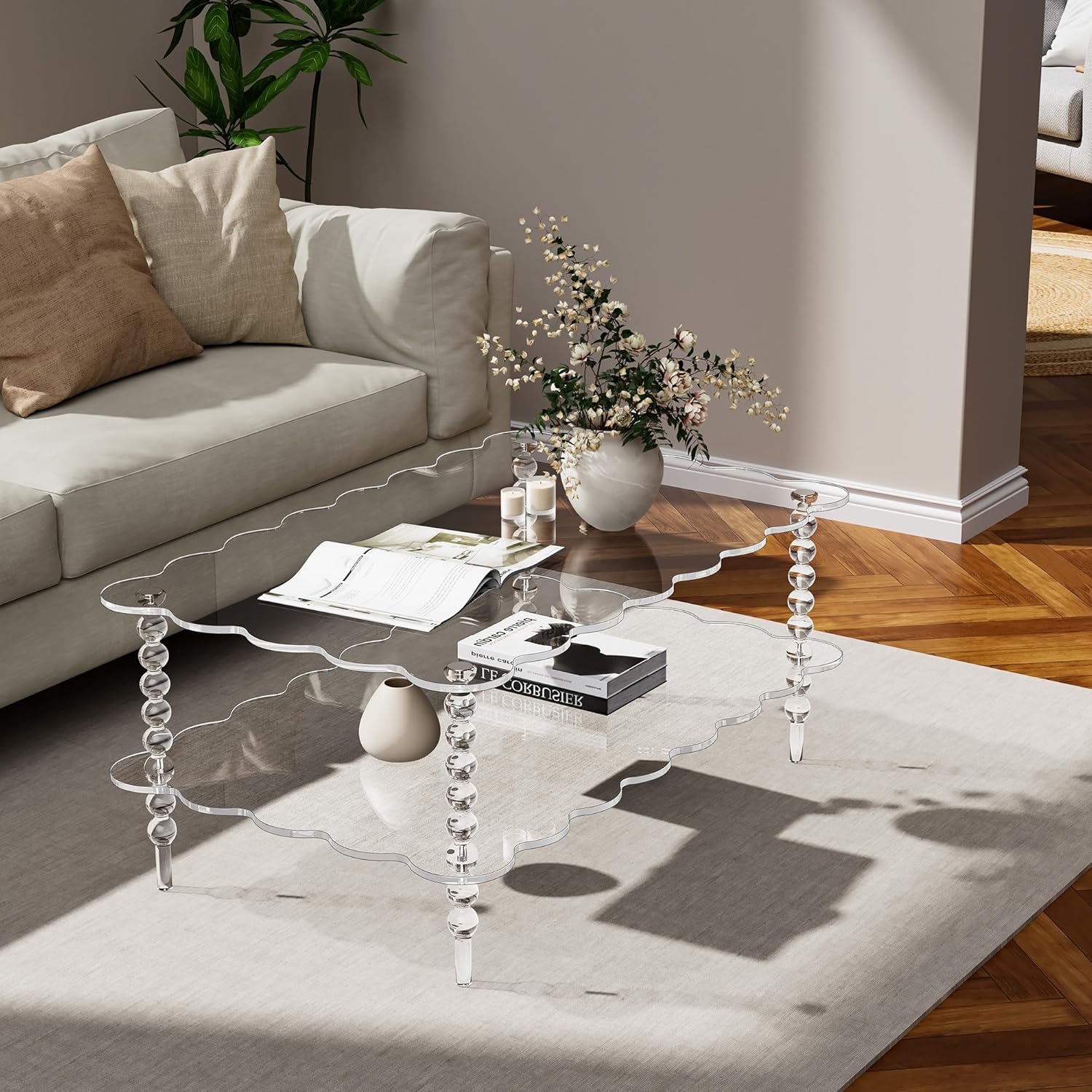 Acrylic Coffee Table, 2-Tier Living Room Table with Storage, Center Table Mid-Modern Century for Living Room, Easy to Assemble (Clear, 37.8“×23.6“×15.7”)