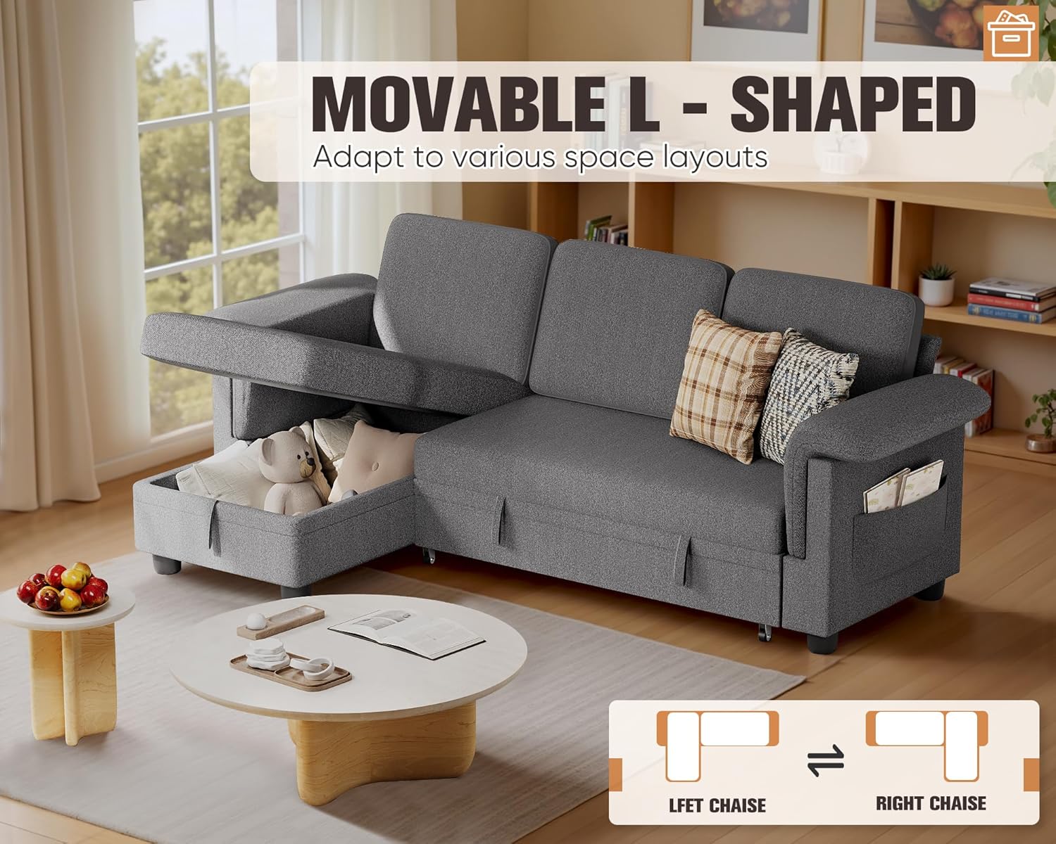 Homall Sleeper Sofa, Pull Out Sofa Couch Bed with Storage Reversible Chaise, L-Shaped Sofas with Side Pocket for Living Room, Small Space (Linen Fabric, Dark Grey)