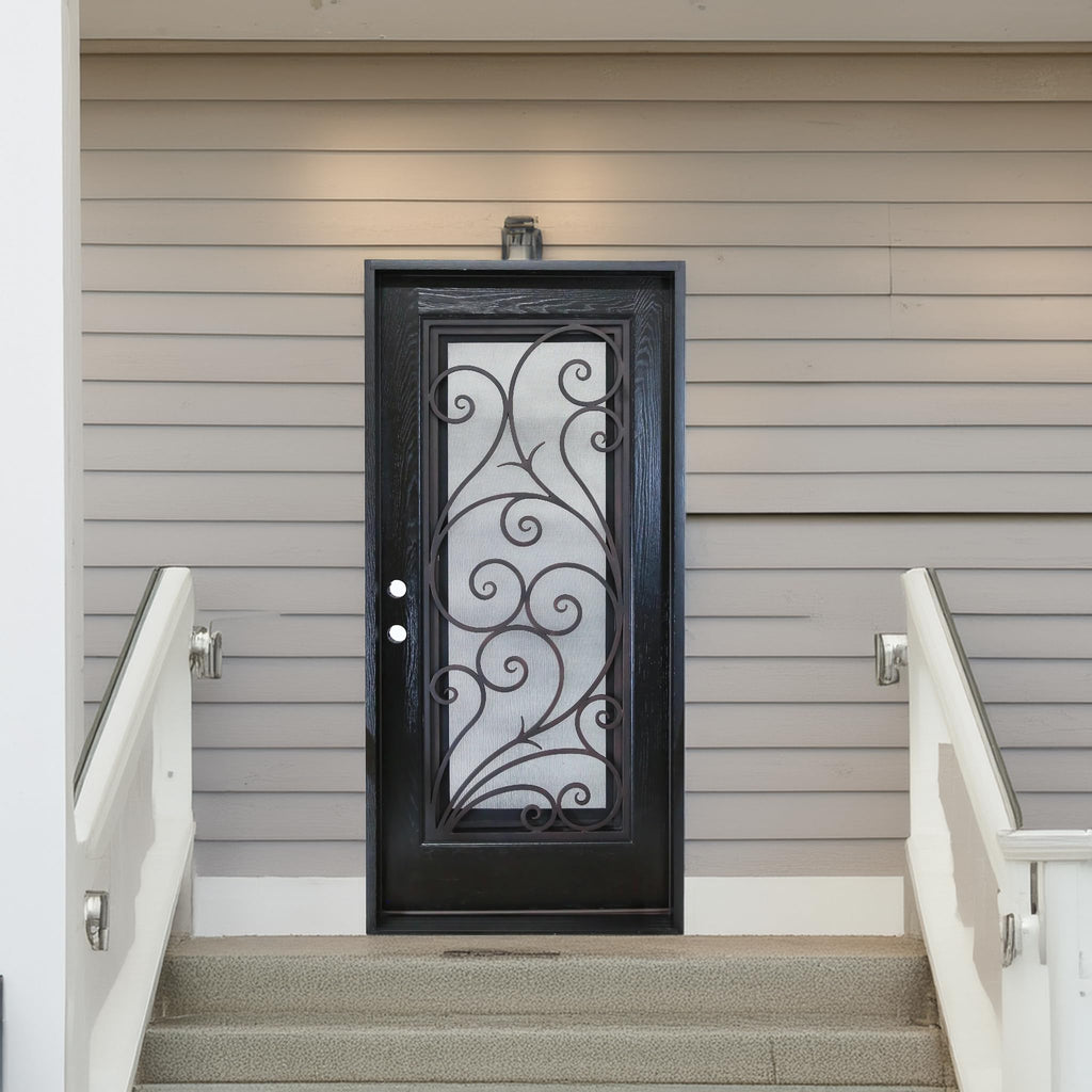 Porte d'entrée extérieure composite en polyuréthane résistante aux dommages environnementaux 36" x 80", fenêtre en verre trempé ouvrable, battant unique à droite s'ouvrant vers l'intérieur, espresso FR08