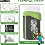 Jay Franco Minecraft Creeper Twin Comforter Set - 5 Piece Bedding Includes Sheet Set & Pillow Covers - Super Soft Gren & Gray Bedding