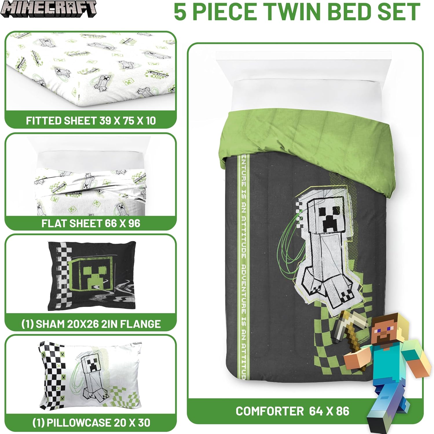 Jay Franco Minecraft Creeper Twin Comforter Set - 5 Piece Bedding Includes Sheet Set & Pillow Covers - Super Soft Gren & Gray Bedding