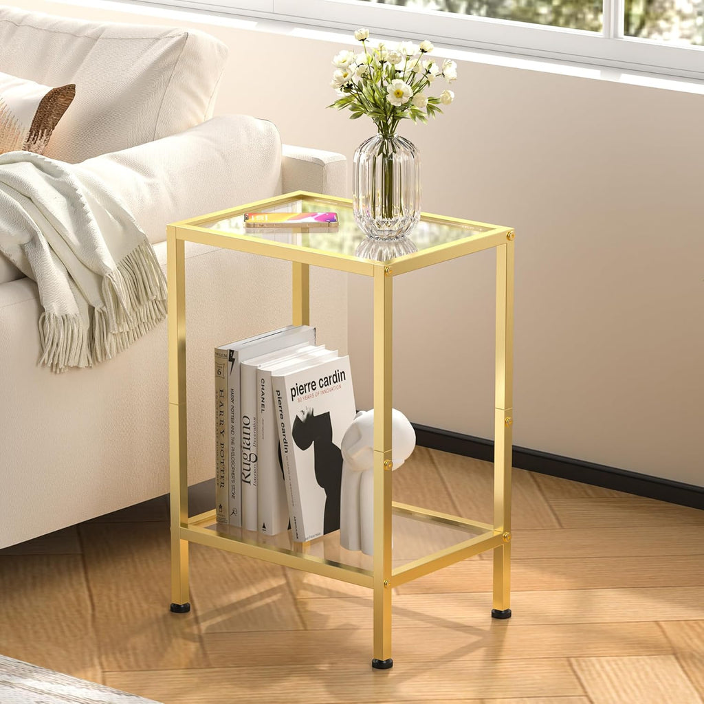 Gold Side Table, Tempered Glass End Table, 2-Tier Nightstands with Open Shelves, Small Coffee Table with Modern Style, Accent Table Small Table Sofa Table for Living Room, Bedroom