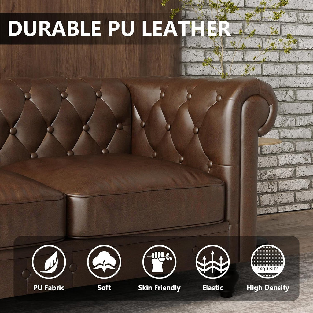 Leather Brown Sofa for Living Room Chesterfield 3 Seater Couch Sofa Comfortable Soft Sturdy Durable Furniture for Office Bedroom Apartment Hotel Place (03-Brown-80)