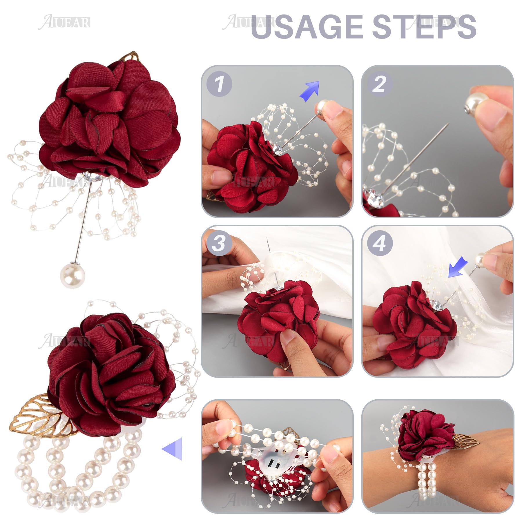 AUEAR, Rose Bridal Burgundy Red Wrist Corsage and Boutonniere Set Bridesmaid Hand Flower for Wedding
