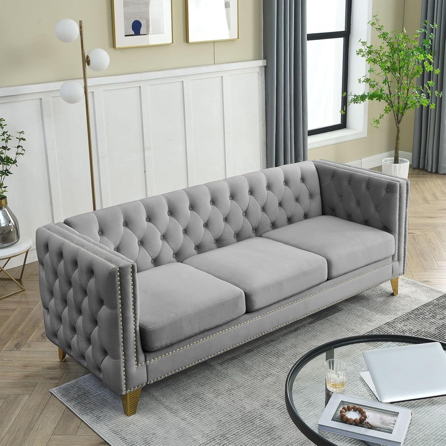 Chesterfield Sofa,Oversized Velvet Sofa Couch,Deep Seat 3 Seater Sofa,Modern Sofa Chair with Button Nailhead,Upholstered Futon Couches,Furniture for Living Room,Bedroom,Office(Grey)