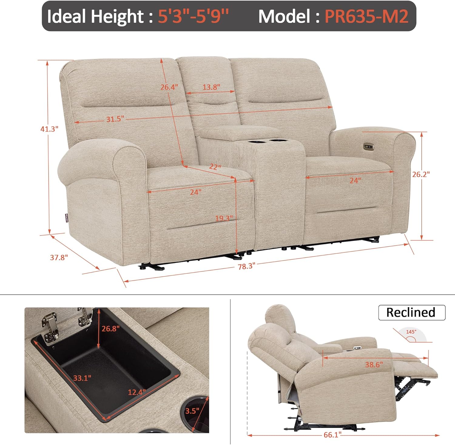 MCombo 78.3" Wall Hugger Power Loveseat Recliner Sofa with Console, Reclining Loveseat with USB Ports, Cup Holders, for Small Spaces Living Room RV, Fabric PR635M2 (Beige)