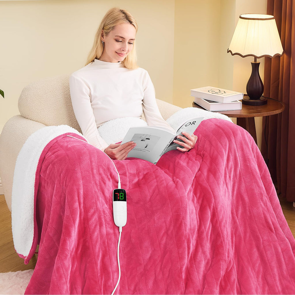 greenoak Heated Blanket Electric Throw 50"X60", Heating Blanket with 10 Heat Levels 1/2/4/6/8 Hours Auto-Off Overheat Protection, Flannel Sherpa Soft Warm Heater, ETL Certified Coral Pink