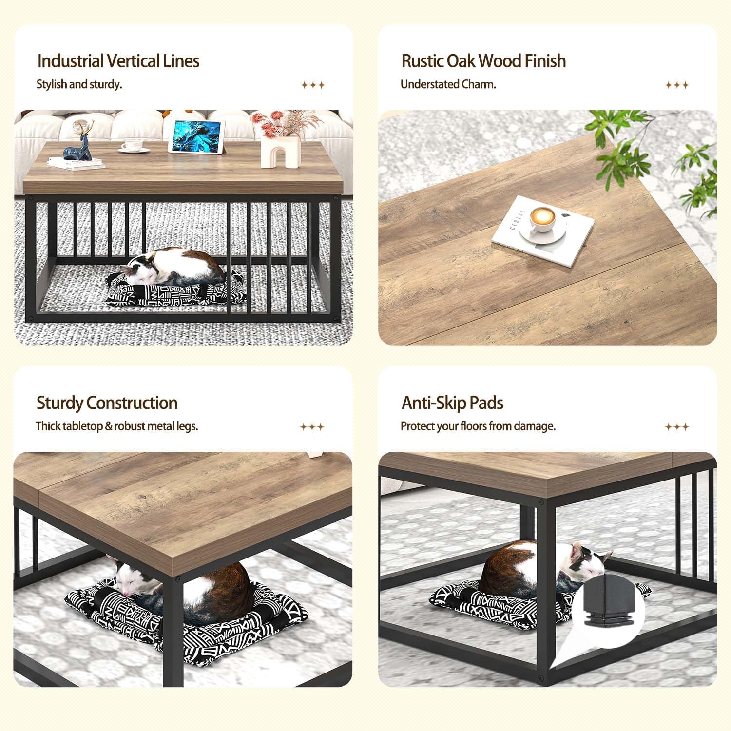 FOLUBAN Coffee Table, Modern Square Center Table for Living Room, Industrial Rustic Wood and Metal Cocktail Tea Table, 31.5 Inch, Oak