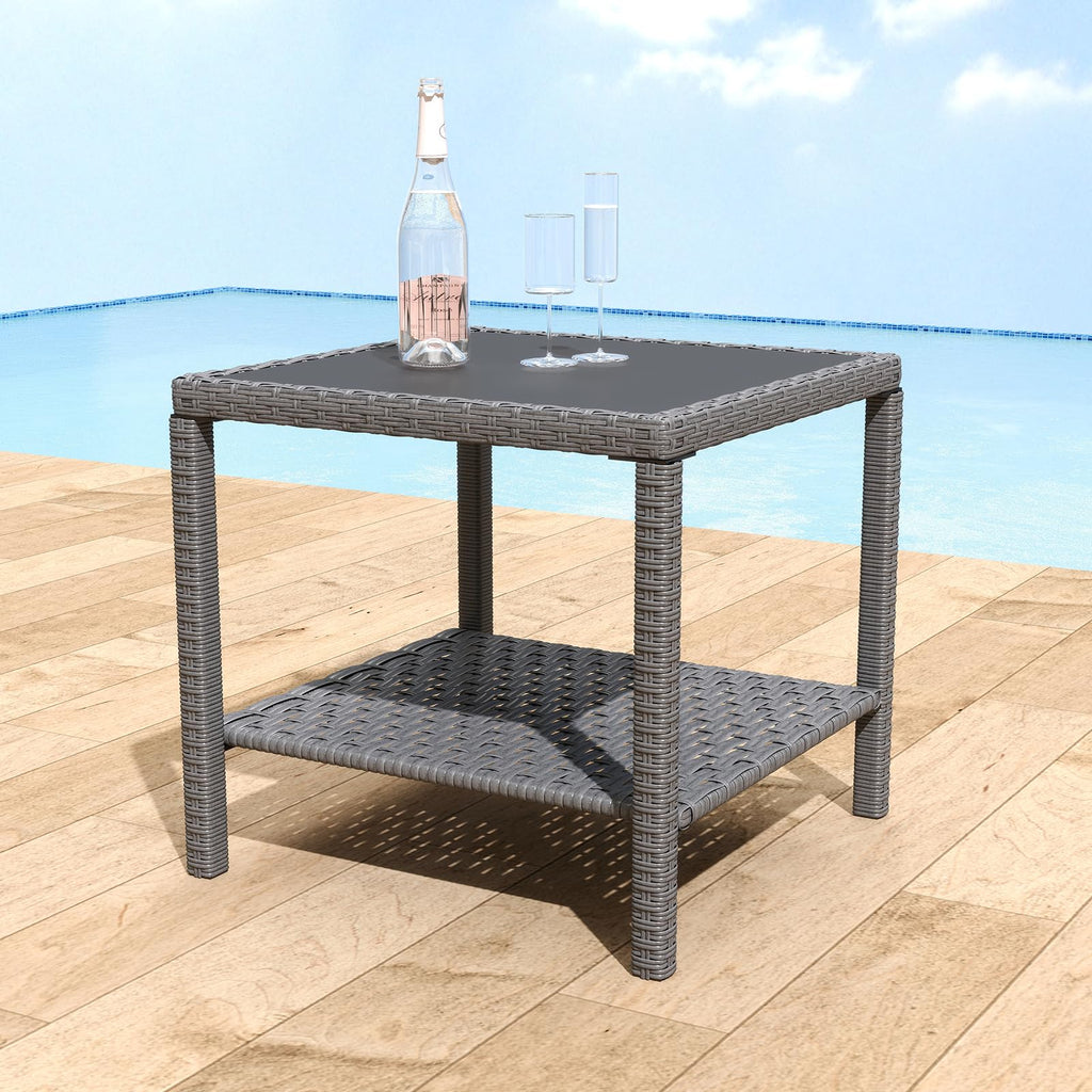 Helios&Hestia Rectangle All Weather Rattan Wicker Outdoor Coffee Side End Table with Glass Top for Patio, Deck, Backyard, Garden, Grey