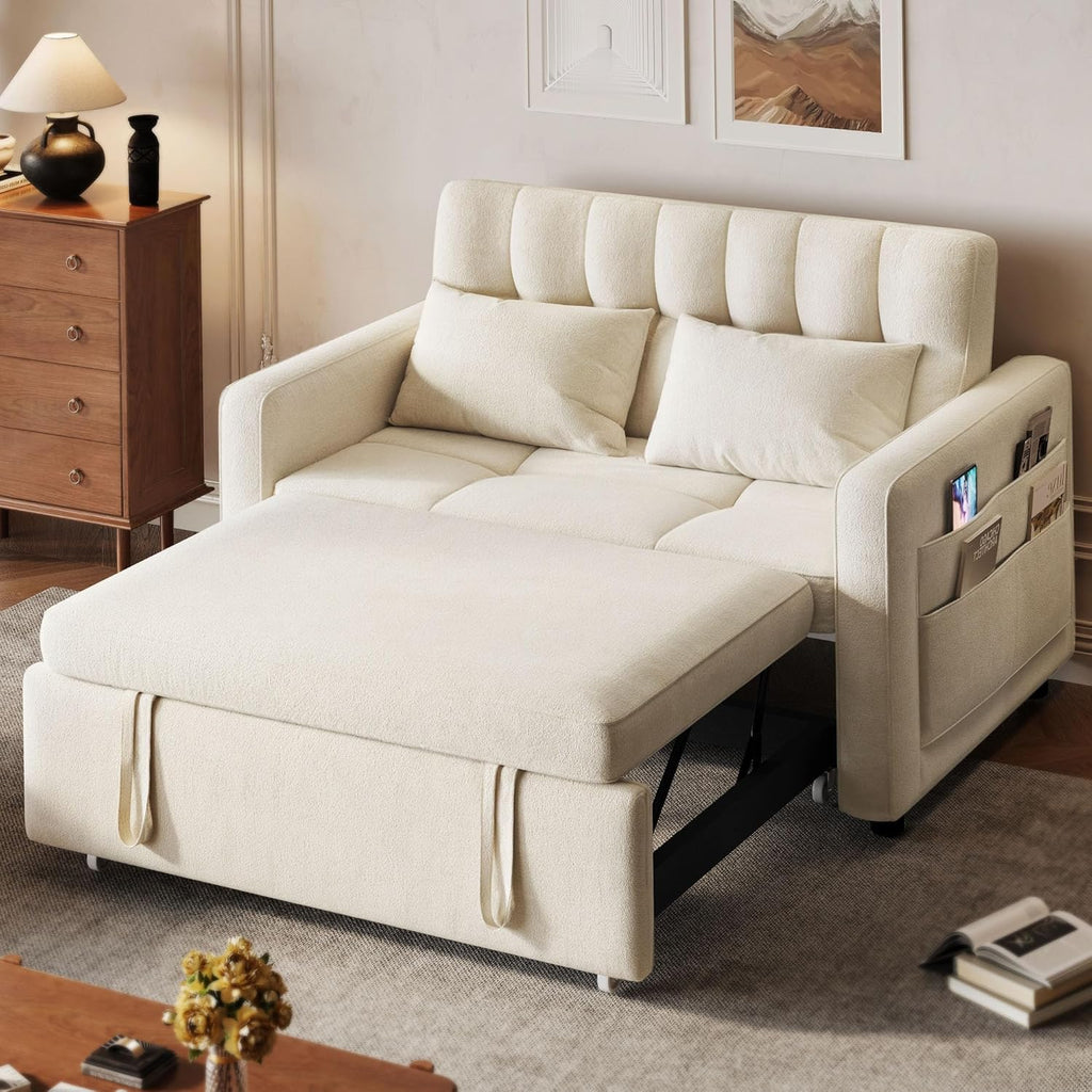 DWVO 3-in-1 Convertible Sofa Bed, 55" Sleeper Sofa with Pull-Out Bed, Cat-Scratch-Proof Fabric Futon Couch with Adjustable Backrest and Side Pocket, Loveseat for Living Room Apartment, Beige