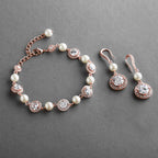 Mariell Rose Gold & Pearl Round CZ Bridal Bracelet & Earrings Set - Wedding Jewelry Sets for Bridesmaids