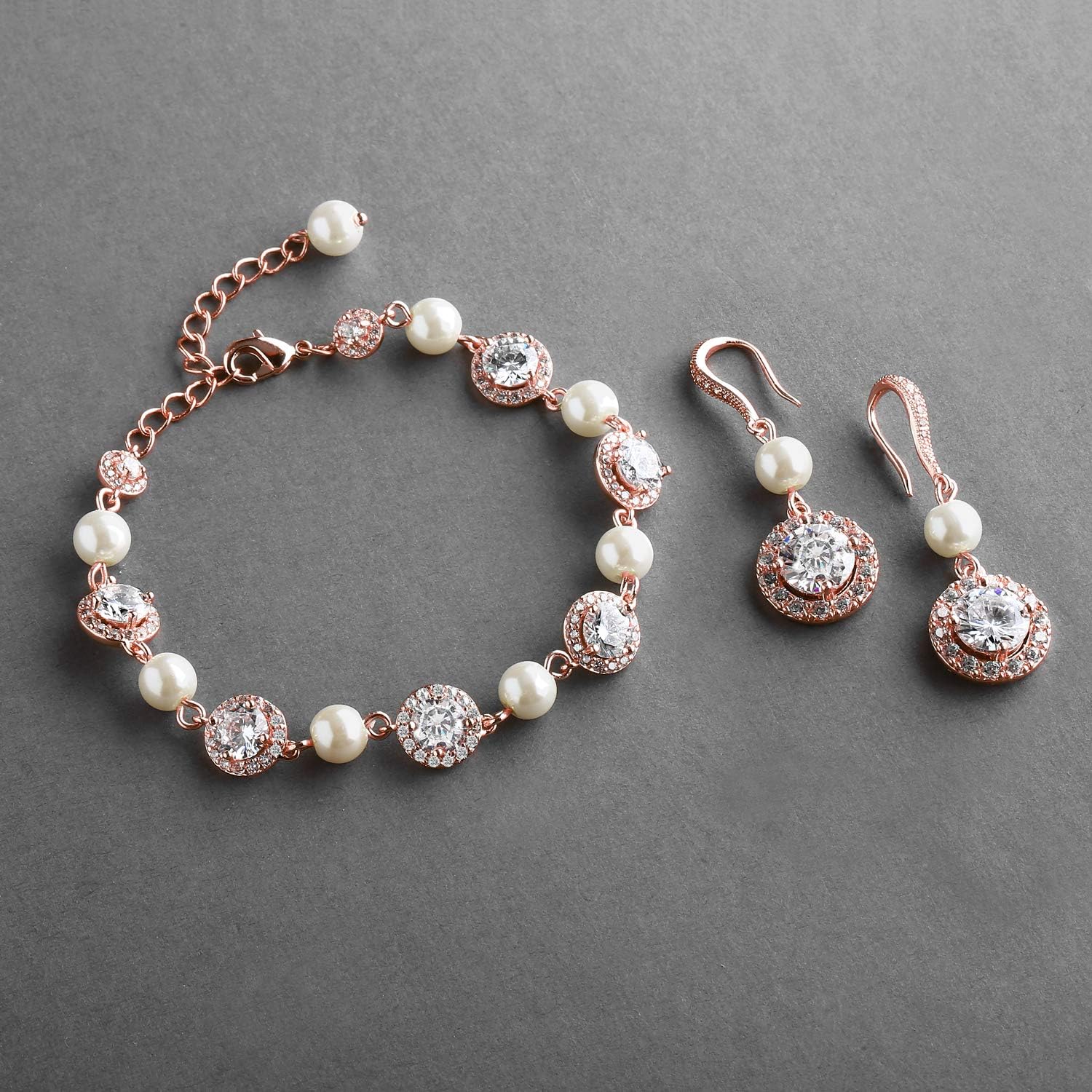 Mariell Rose Gold & Pearl Round CZ Bridal Bracelet & Earrings Set - Wedding Jewelry Sets for Bridesmaids