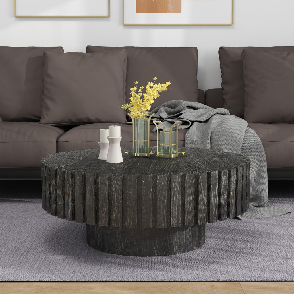 Round Coffee Table for Living Room Contemporary Wood Circle Fluted Coffee Table for Apartment, Easy Assembly ø31.49'', Wood Oak
