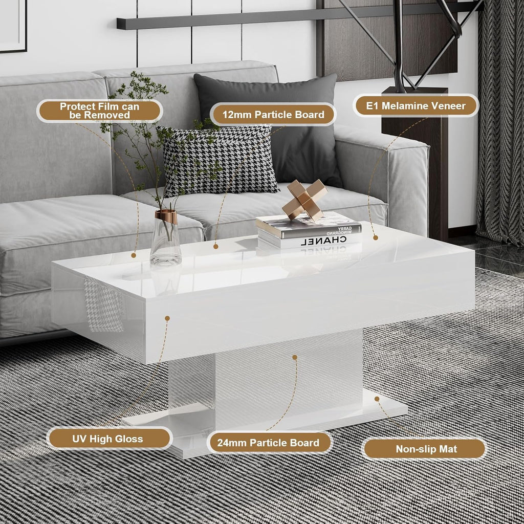 Led Coffee Table for Living Room, Living Room Table Rectangular Center Table, Modern High Glossy Wooden Coffee Tables with 16 Colors LED Lights for Dining Reception Room, White