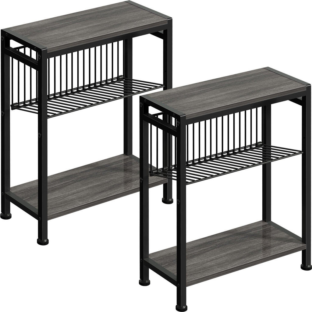 Small Side Table for Small Space, 3-Tier Narrow End Table with Magazine Holder,Slim Nightstand, Skinny Snack Couch Table in Living Room, Bedroom Study and Balcony (Rustic Brown &Black)