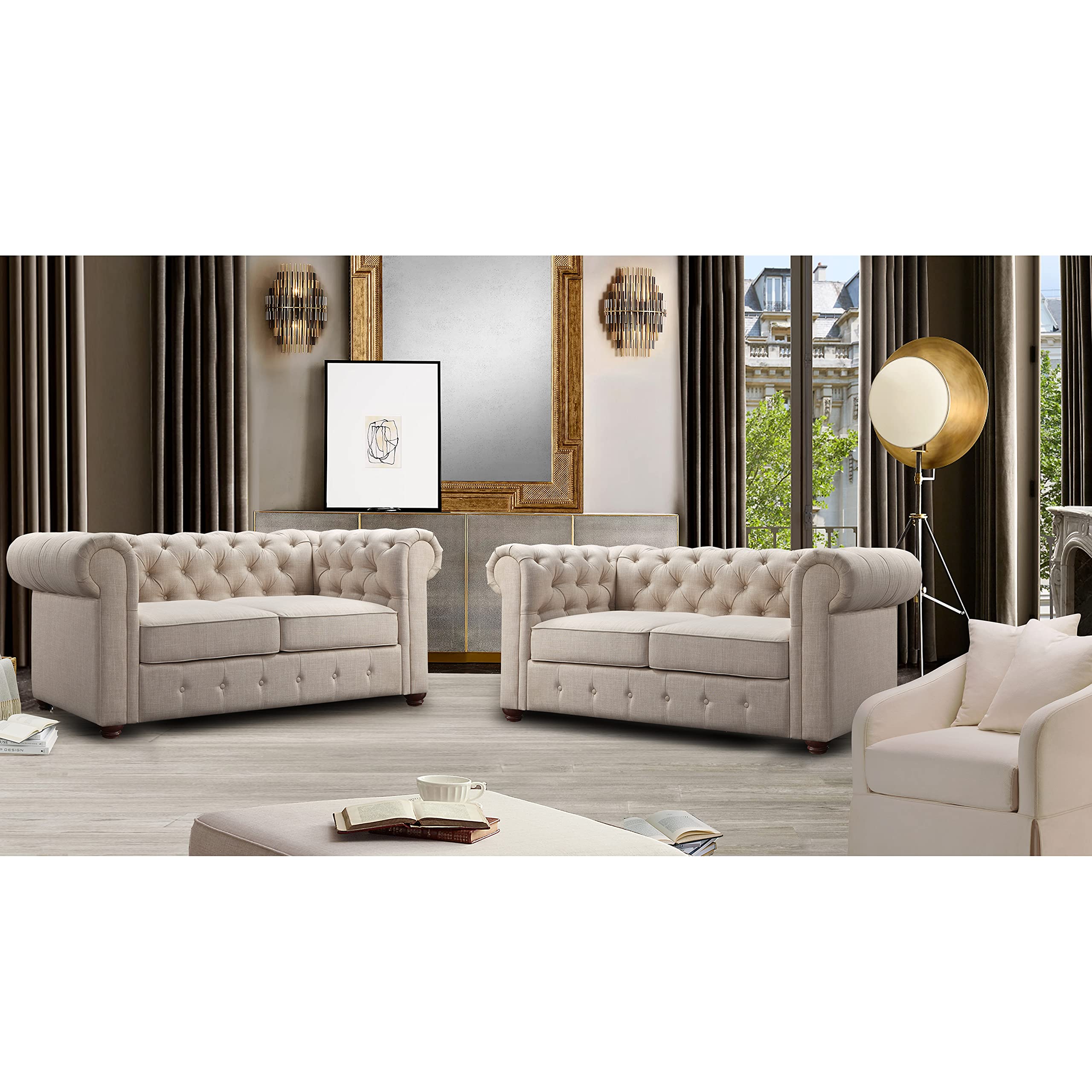 Rosevera Genevieve Upholstered Tufted Loveseat Couch,Chesterfield Sofa loveseat with Armrest Scroll Arm Sofa Couch, Sectional Sofa for Living Room Office