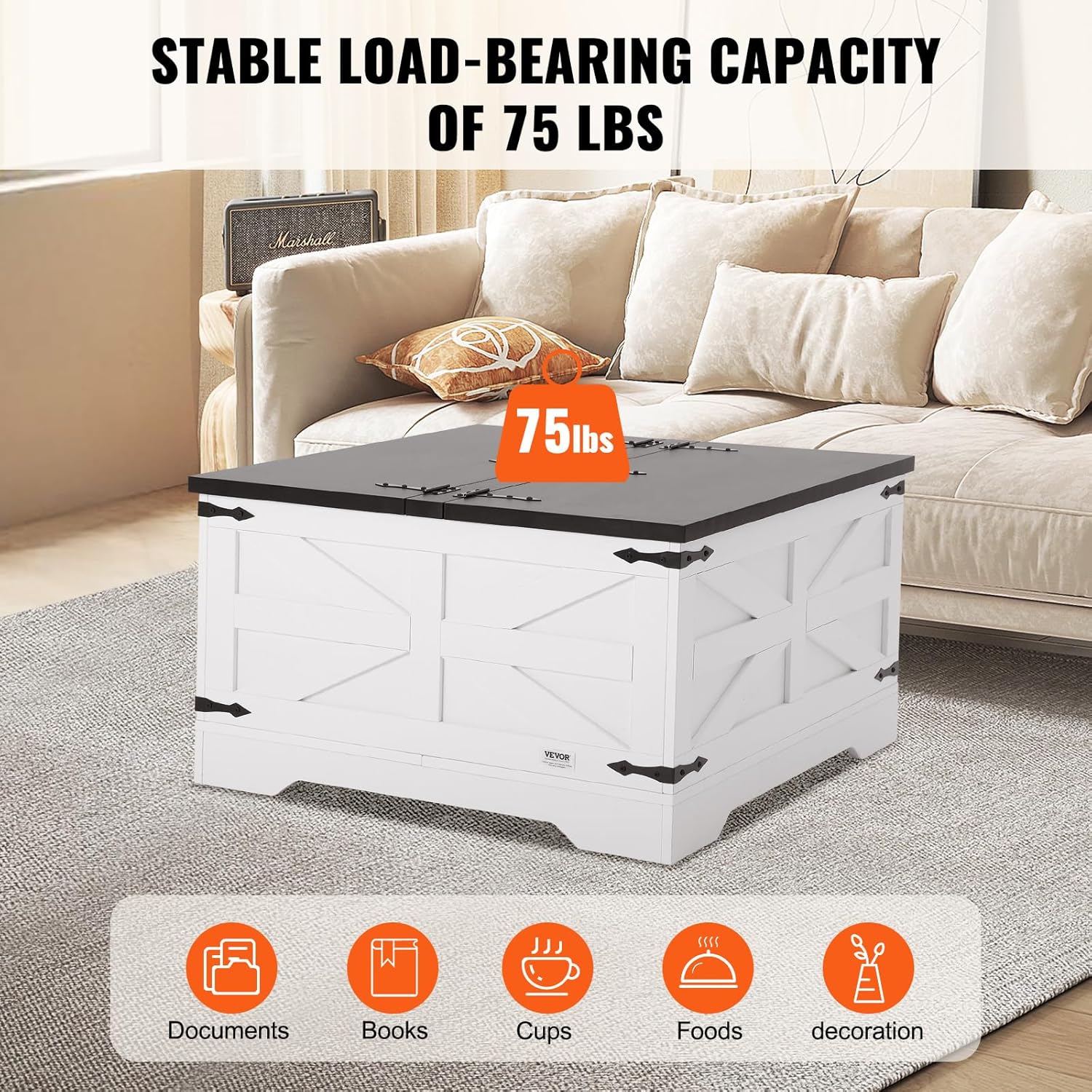 VEVOR 31.5" Farmhouse Coffee Table, Hinged Square Coffee Table with Large Storage Compartment, Wooden Rustic Cocktail Table for Living Room, Bedroom, Apartment, Studio, Black & White